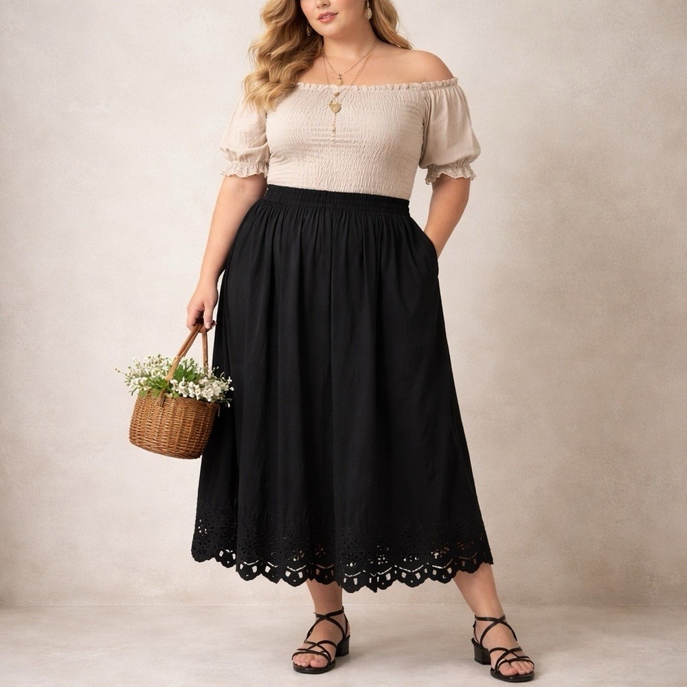 Jane Ashley Black Lace Embroidered‎ Hem Peasant Boho Cottage Midi Skirt 1X